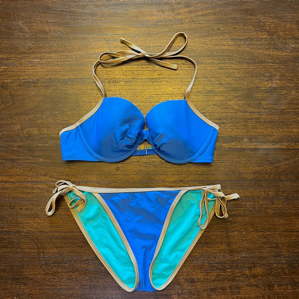 Blue and bronze bikini